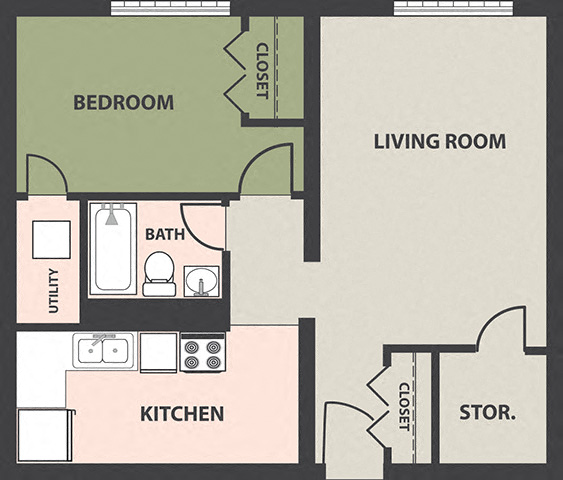 Floor plan for 1 bed, 1 bath