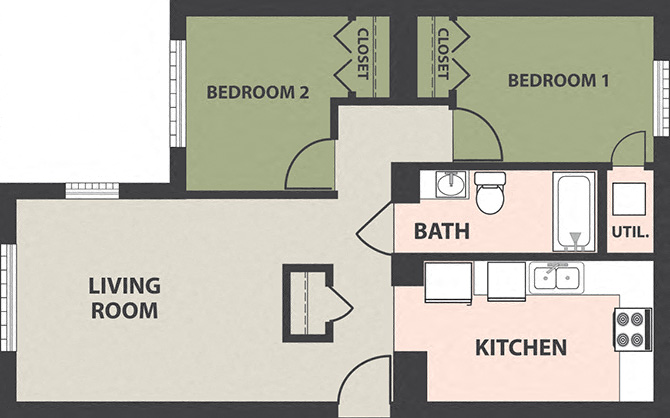 Floor plan for 2 beds, 1 bath