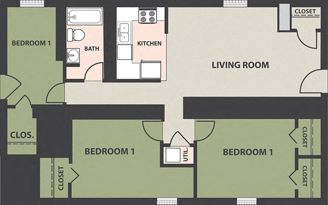 Floor plan for 3 beds, 1 bath
