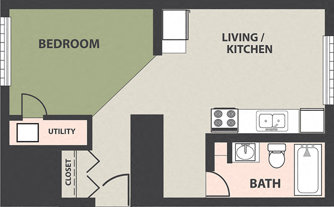 Floor plan for studio, 1 bath