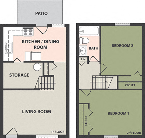 Floor plan for 2 beds, 1 bath