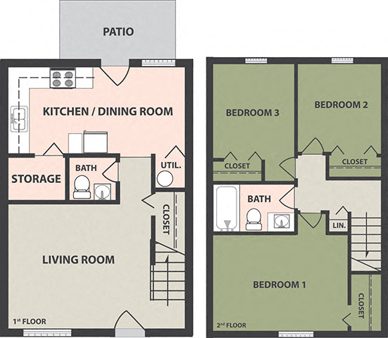 Floor plan for 3 beds, 1.5 baths