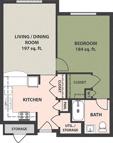 Floor plan for 1 bed, 1 bath