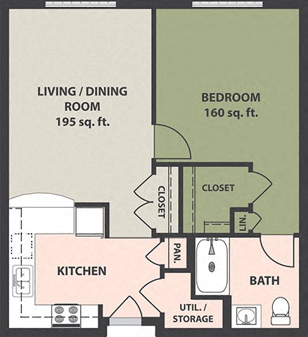 Floor plan for 1 bed, 1 bath