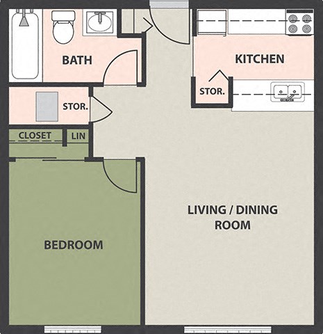 Floor plan for 1 bed, 1 bath
