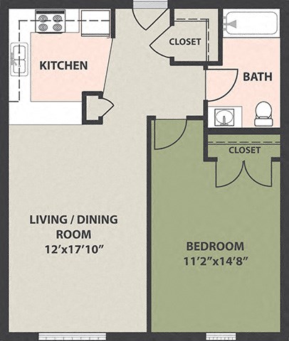 Floor plan for 1 bed, 1 bath, 655 sqft