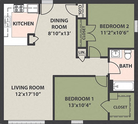Floor plan for 2 beds, 1 bath, 878 sqft