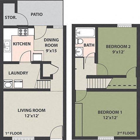Floor plan for 2 beds, 1 bath, 846 sqft