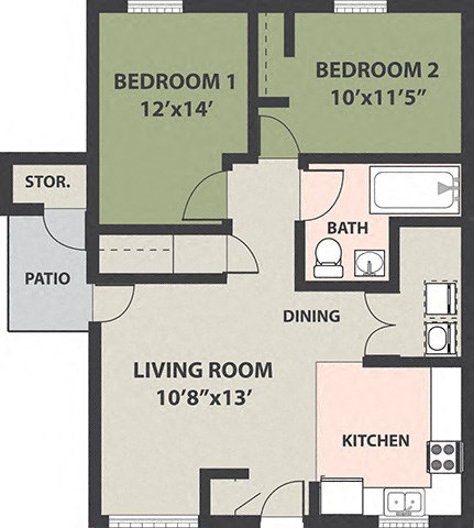Floor plan for 2 beds, 1 bath