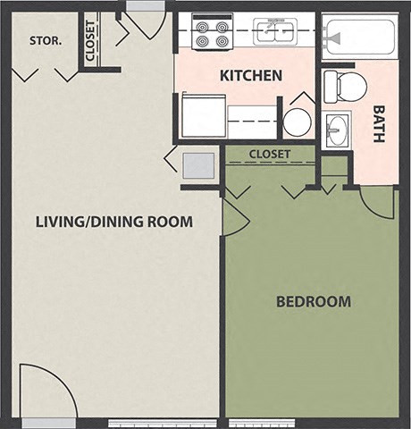 Floor plan for 1 bed, 1 bath