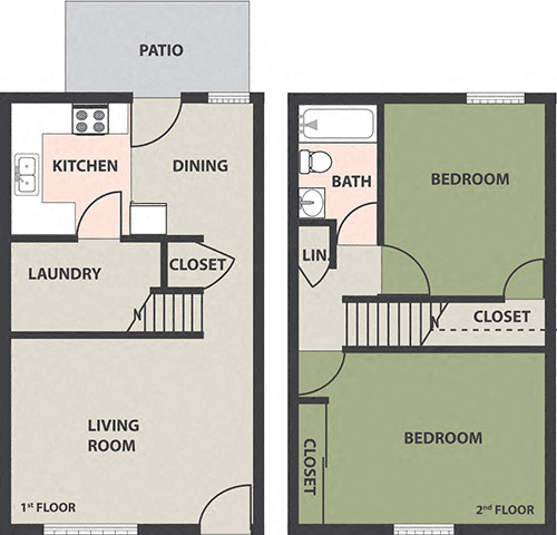 Floor plan for 2 beds, 1 bath, 835 sqft