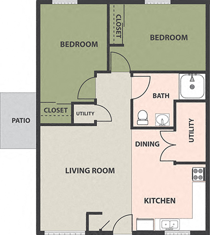 Floor plan for 2 beds, 1 bath, 768 sqft