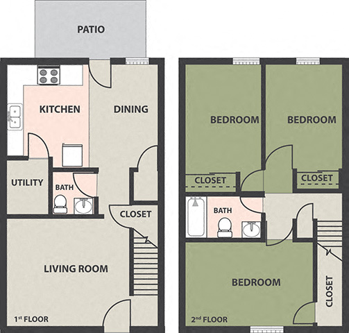 Floor plan for 3 beds, 1.5 baths, 996 sqft