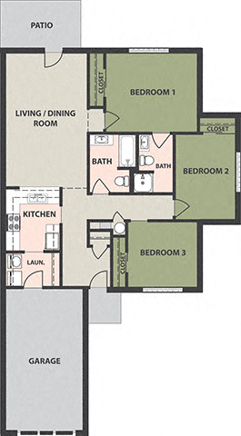 Floor plan for 3 beds, 2 baths, 1176 sqft