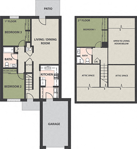 Floor plan for 3 beds, 2 baths