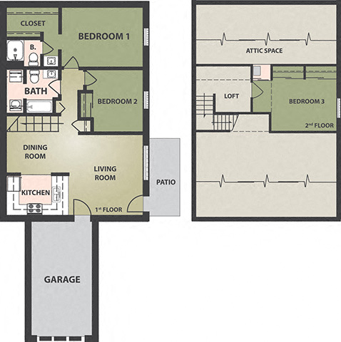 Floor plan for 3 beds, 2 baths, 1219 sqft