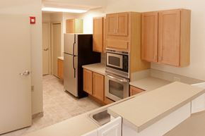 Cambridge apartment for rent - a kitchen with stainless steel appliances and wooden cabinets
