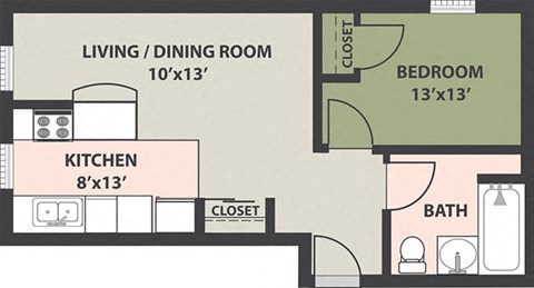 Floor plan for 1 bed, 1 bath, 435 sqft