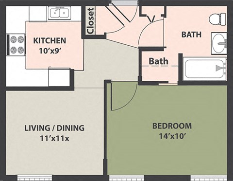 Floor plan for 1 bed, 1 bath
