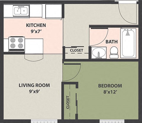 Floor plan for 1 bed, 1 bath
