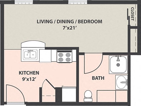 Floor plan for studio, 1 bath, 278 sqft