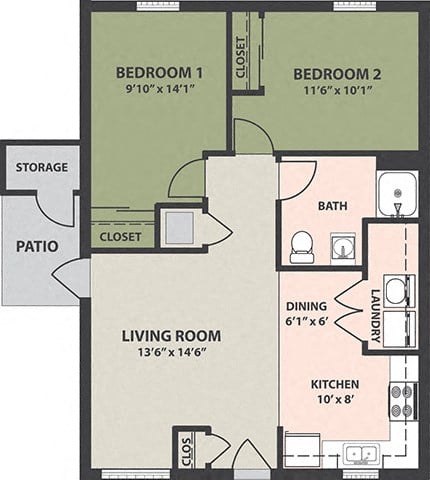 Floor plan for 2 beds, 1 bath