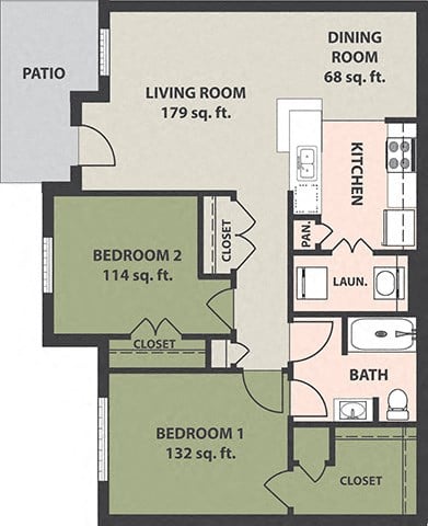 Floor plan for 2 beds, 1 bath