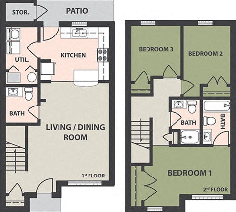 Floor plan for 3 beds, 2.5 baths, 1229 sqft