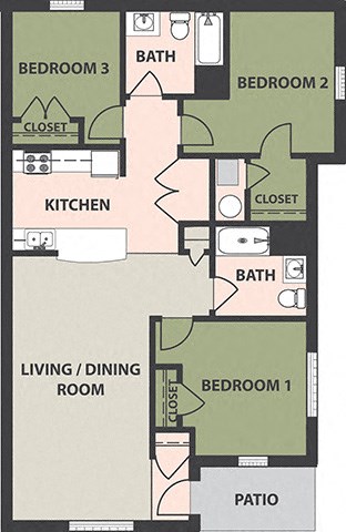 Floor plan for 3 beds, 2 baths