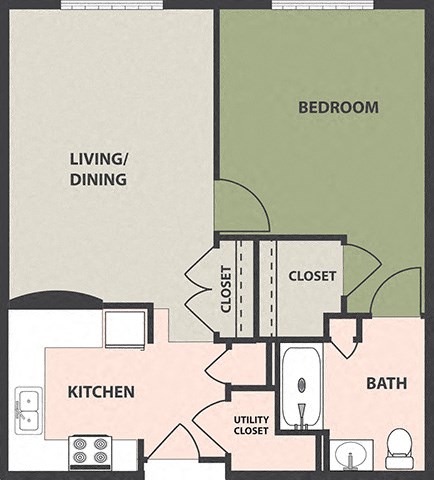 Floor plan for 1 bed, 1 bath, 669 sqft