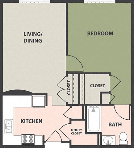 Floor plan for 1 bed, 1 bath
