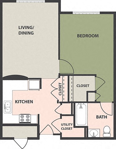 Floor plan for 1 bed, 1 bath