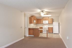 Dayton apartment for rent - an empty living room and kitchen with a ceiling fan