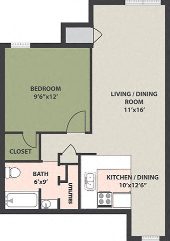 Floor plan for 1 bed, 1 bath