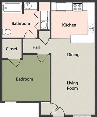 Floor plan for 1 bed, 1 bath