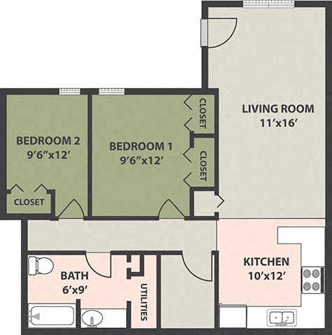 Floor plan for 2 beds, 1 bath
