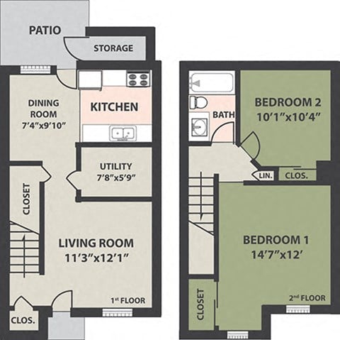 Floor plan for 2 beds, 1 bath