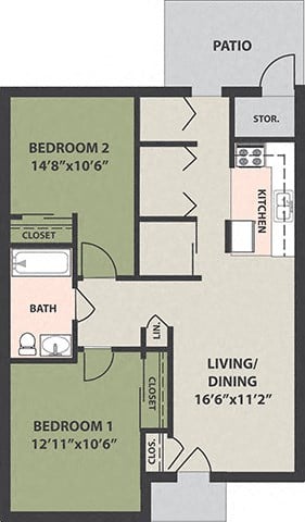 Floor plan for 2 beds, 1 bath