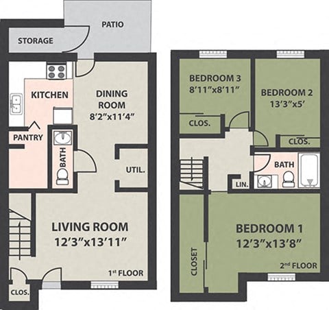 Floor plan for 3 beds, 1.5 baths, 1022 sqft