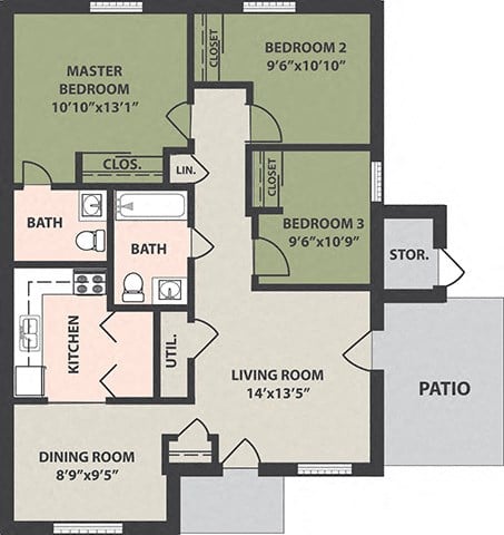 Floor plan for 3 beds, 1.5 baths