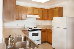 Toledo apartment for rent - a kitchen with white appliances and wooden cabinets and a sink
