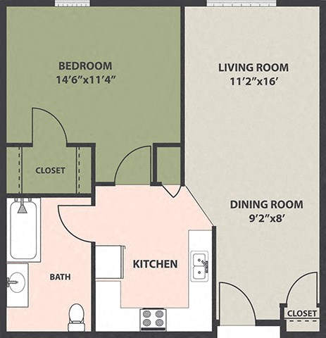 Floor plan for 1 bed, 1 bath, 714 sqft