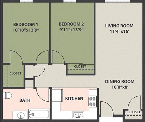 Floor plan for 2 beds, 1 bath, 894 sqft