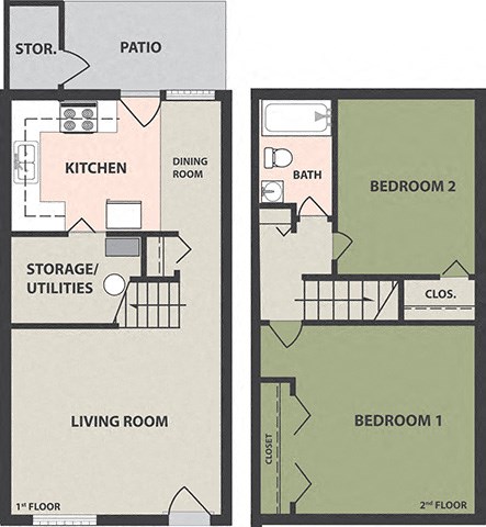 Floor plan for 2 beds, 1 bath