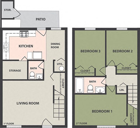 Floor plan for 3 beds, 2 baths