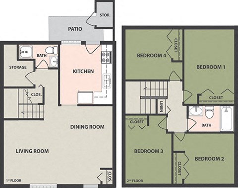 Floor plan for 4 beds, 2 baths