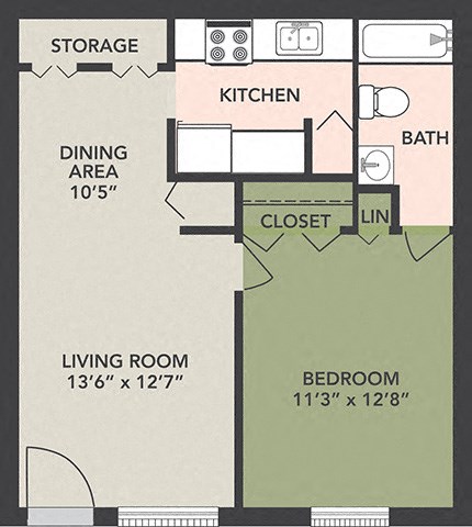 Floor plan for 1 bed, 1 bath