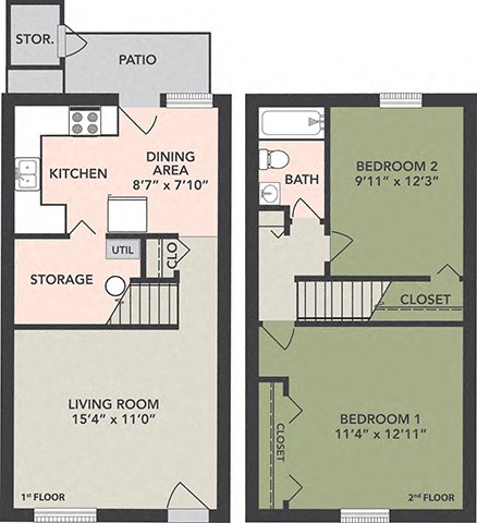 Floor plan for 2 beds, 1 bath