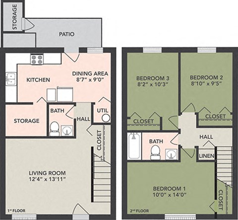 Floor plan for 3 beds, 2 baths, 920 sqft