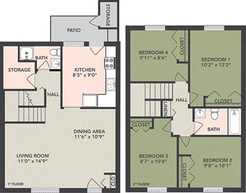 Floor plan for 4 beds, 2 baths, 1136 sqft